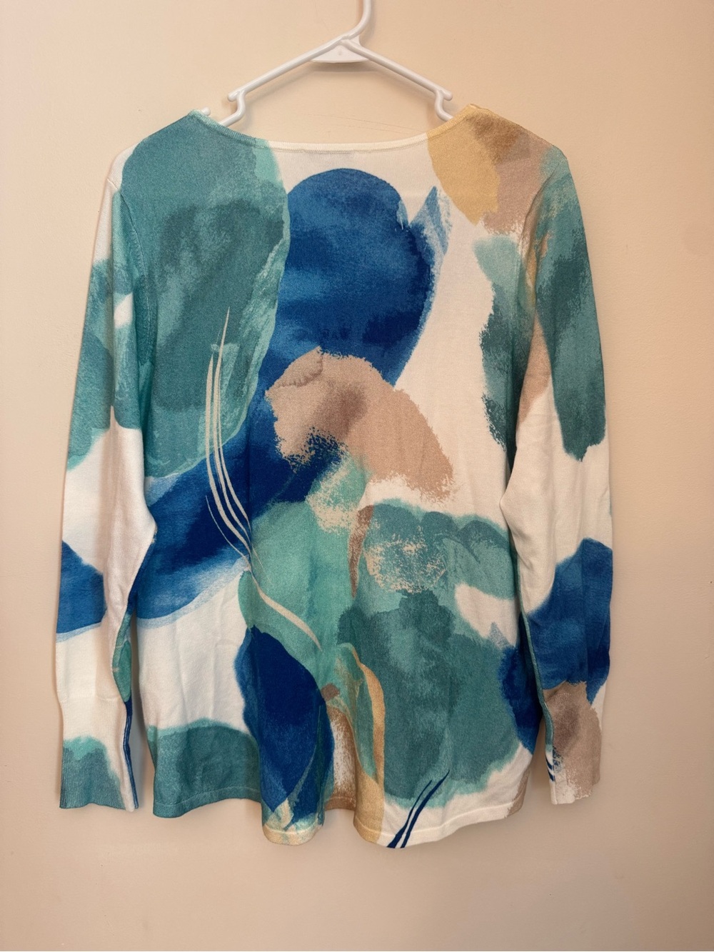 Chico’s V Neck Pullover Sweater Size 2 Large Blue Aqua Abstract Watercolor Knit - Picture 3 of 6